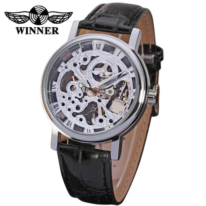 T-Winner Popular Lovers Skeleton Design Gold Watches Mechanical Hand Wind Movement PU Leather Strap Wristwatch for Men Women