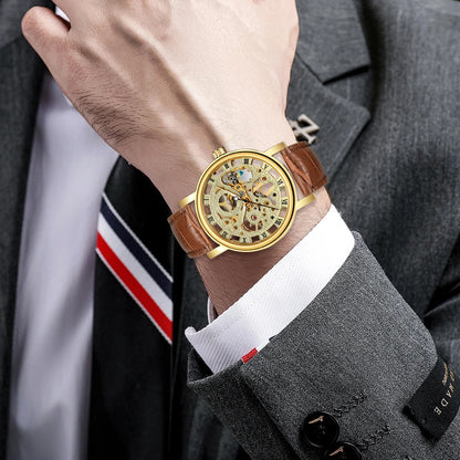 T-Winner Popular Lovers Skeleton Design Gold Watches Mechanical Hand Wind Movement PU Leather Strap Wristwatch for Men Women