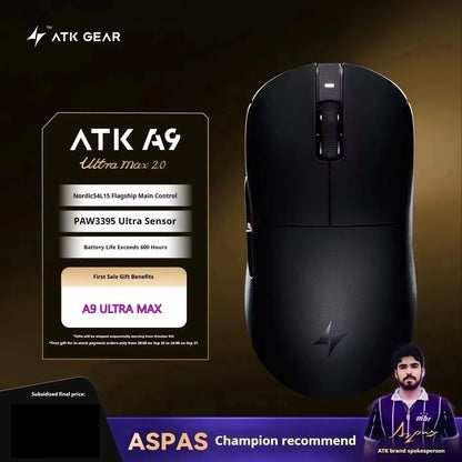 Bezdrátová herní myš ATK A9 s technologií NearLink, ergonomická, PAW3395, třírežimové Bluetooth, nízká latence, e-sportovní myš pro PC