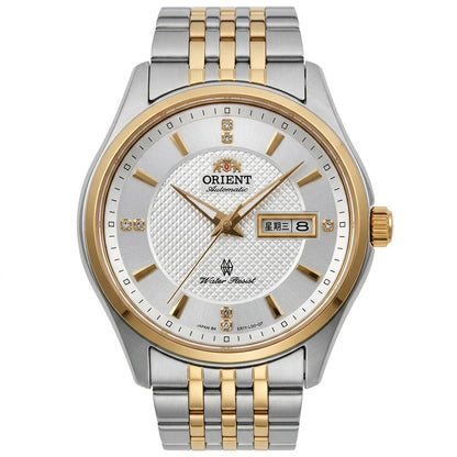 Relógio mecânico automático para homem da Orient, com calendário duplo (data e dia da semana), índices em cristal e bracelete em aço inoxidável – Relógio de pulso de estilo profissional