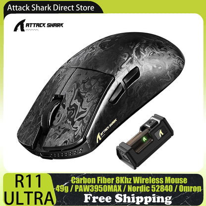 ATTACK SHARK R11 ULTRA Carbon Fiber Wireless Gaming Mouse, 8000Hz, PAW3950MAX, 42000DPI, 49g Lightweight, 20000FPS, Nordic 52840