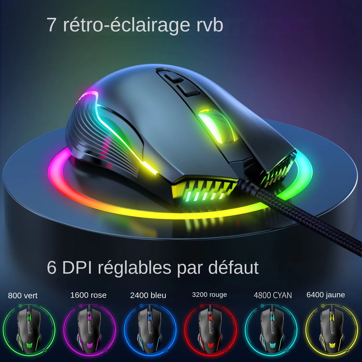 ONIKUMA langallinen pelihiiri, 6 säädettävää tasoa, 6400 DPI, 7 ohjelmoitavaa painiketta, 7 RGB-valaistustilaa, ergonominen hiiri PC-pelaajalle