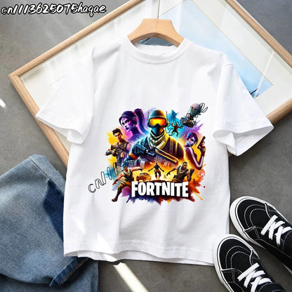 T-shirts Infantis Fortnite Novidade de Verão, T-shirt com Figura de Desenho Animado, Estampado Gráfico, Casual e Desportivo, Manga Curta, Tops Desportivos para Criança, Roupa para Rapazes