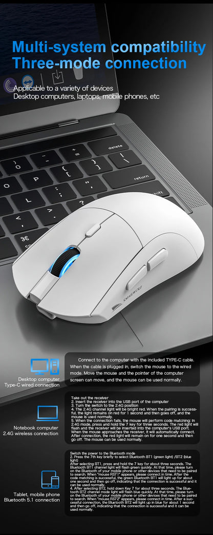 SMAILWOLF RS7 Bluetooth trådløs gamingmus, tre tilstande, PAW3311, makroprogrammerbar mus til laptop, gaming og kontor