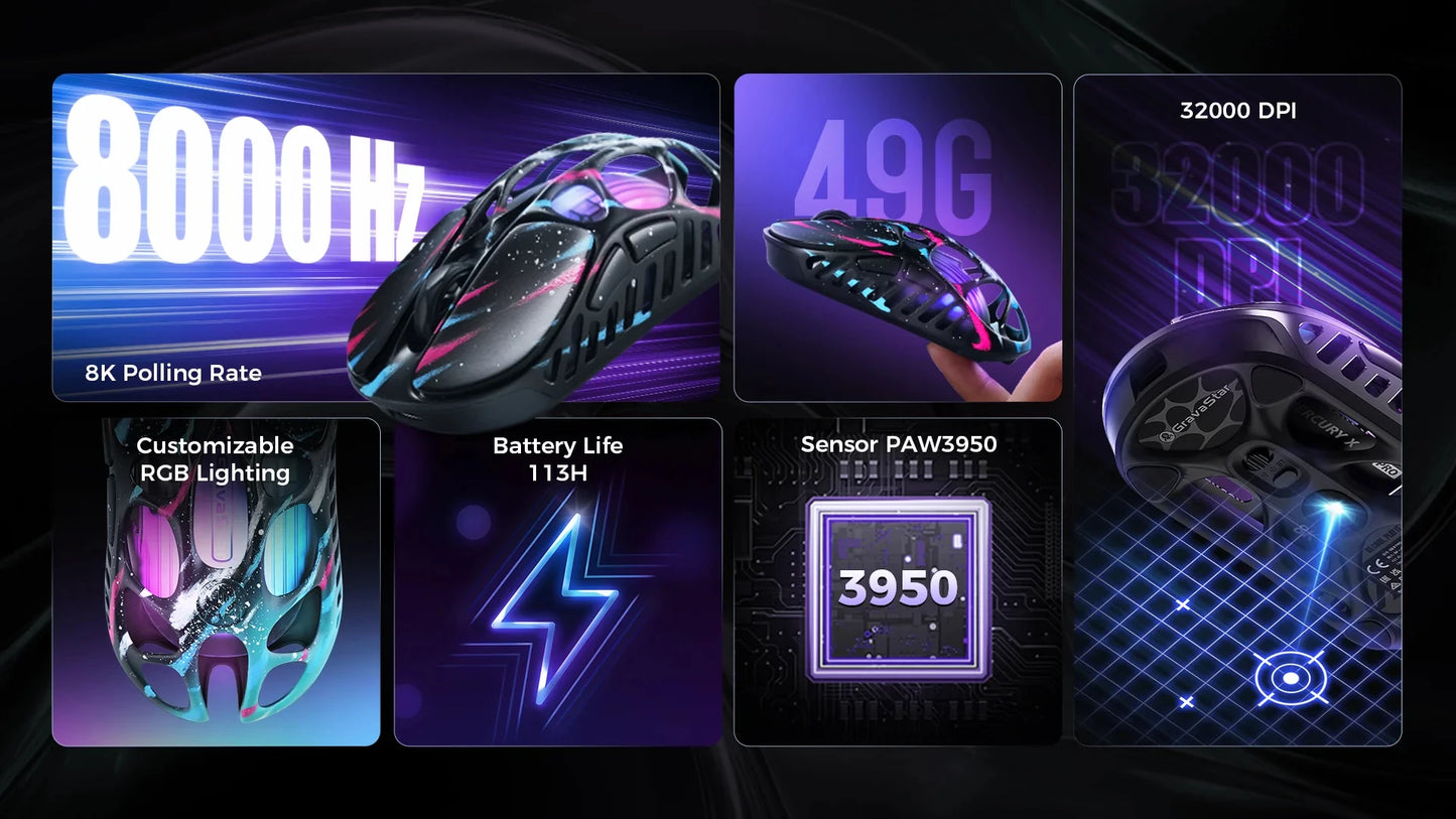GravaStar Mercury X Pro trijų režimų belaidė žaidimų pelė, 8K imtuvas, lengvas magnio lydinio korpusas, ilga baterijos veikimo trukmė, RGB žaidimams