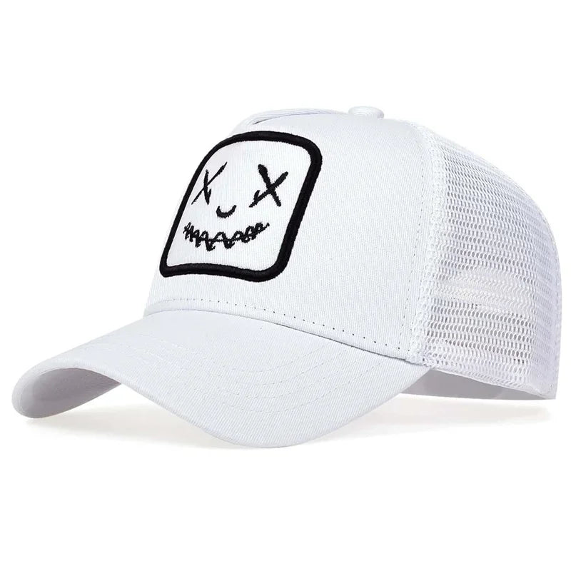 Uomo Donna Cappellini da baseball con ricamo a forma di faccina sorridente in cotone, regolabili con chiusura a scatto, cappellini Hip Hop in rete, cappellini estivi da esterno, cappellini da sole, cappellini da papà