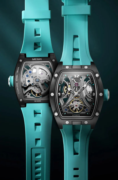 MEGIR Sports Style Automatic Mechanical Watch for Men Full Hollow Transparent Dial Design Stainless Steel Case Silicone Strap