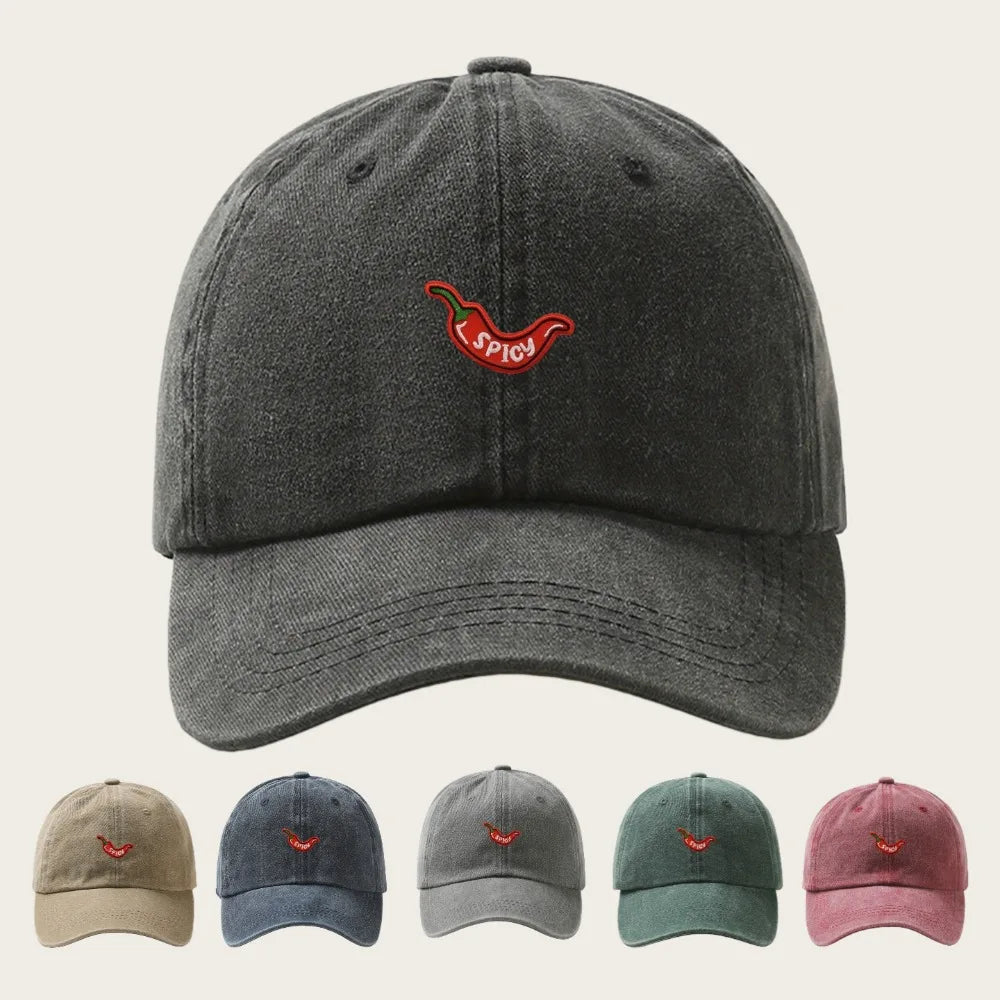1pc Retro Washed Baseball Caps for Women,with Chili Pepper Embroidery,Adjustable Snapback,Lightweight Breathable for Daily Wear