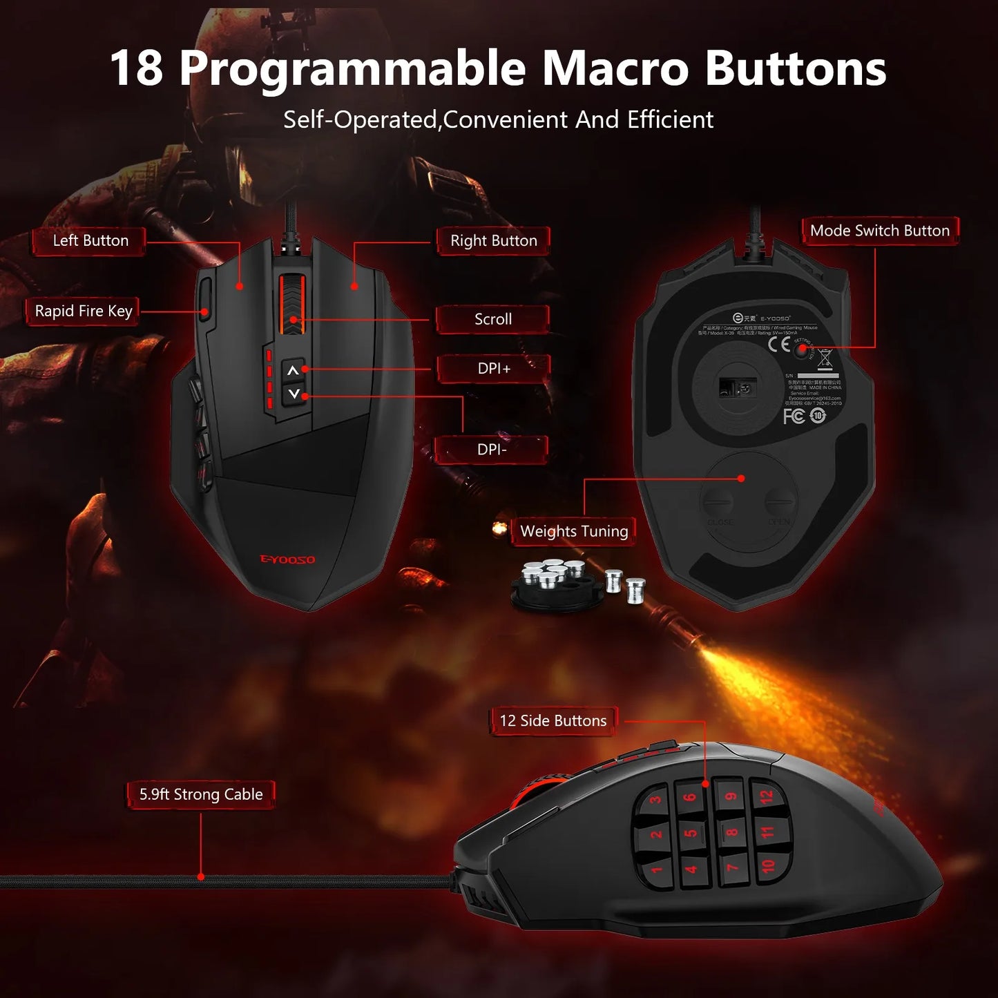 E-YOOSO X-39 programmerbar gamingmus, trådbunden RGB-mus med 18 knappar, 8 avtagbara vikter, 5 DPI, ergonomiskt grepp för dator