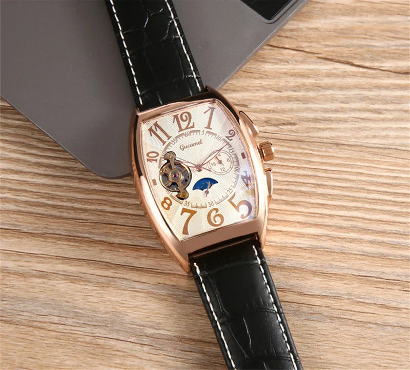 Luxury Hollow Automatic Mechanical Watch Men Tourbillon Clock Fashion Soft Leather Strap Business Watches Male Relogio Masculino