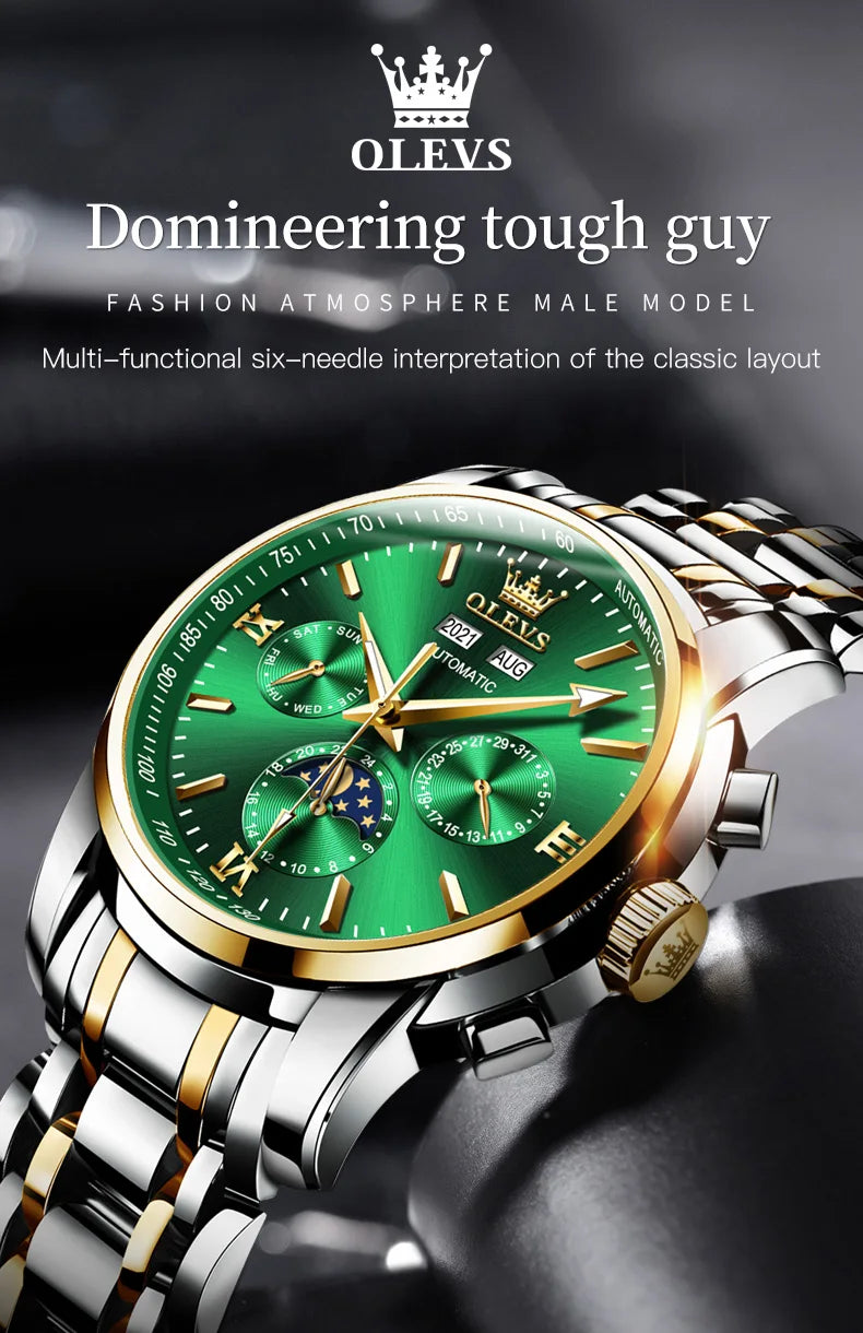 OLEVS 6633 Luxury Men's Watches Automatic Green Watch Men Stainless Steel Waterproof Business Sport Mechanical Wristwatch 6633