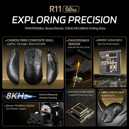 ATTACK SHARK R11 ULTRA 49g kulfiber 8000Hz trådløs gamingmus, 42000 DPI, 20000 FPS, PAW3950MAX, Nordic 52840-chip