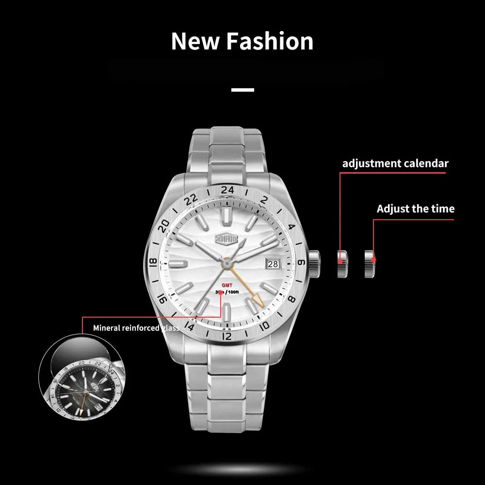 HEROFORCE Business Quartz Watch Men Clock GMT Date Luxury Man Wristwatch Waterproof Luminous Stainless Steel Men's Watches Reloj