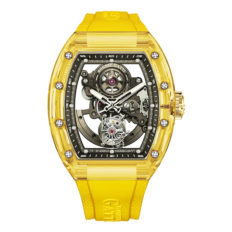 BONEST GATTI Automatic Movement Tourbillon Mechanical Wristwatch Crystal Case Luminous Watch Fluororubber Strap Watches for Men