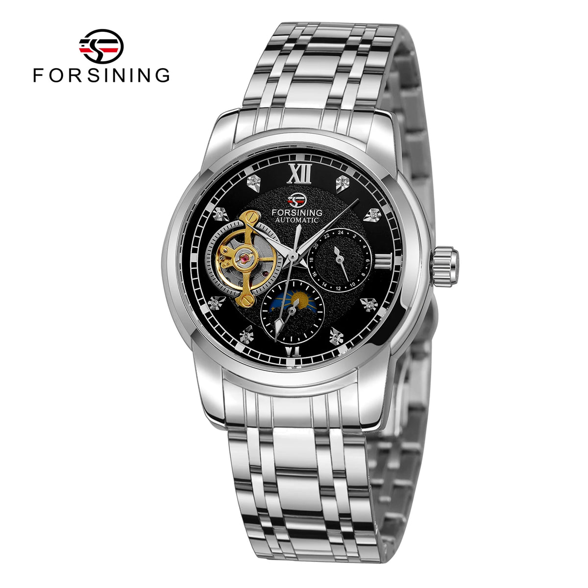 Orologio meccanico automatico da uomo Forsining – Stile lussuoso, business e alla moda, bracciale in metallo, tourbillon, lancette luminescenti, impreziosito da diamanti sintetici