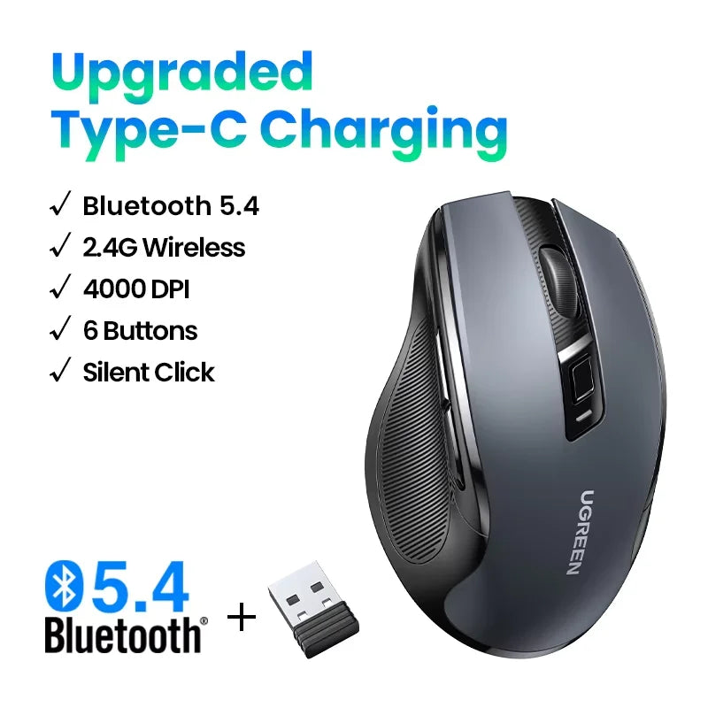 UGREEN bežični miš Bluetooth 5.0, ergonomski miš 4000DPI sa 6 tihih tipki, miš za MacBook, tablet, prijenosna računala, računalo PC, 2.4G miševi