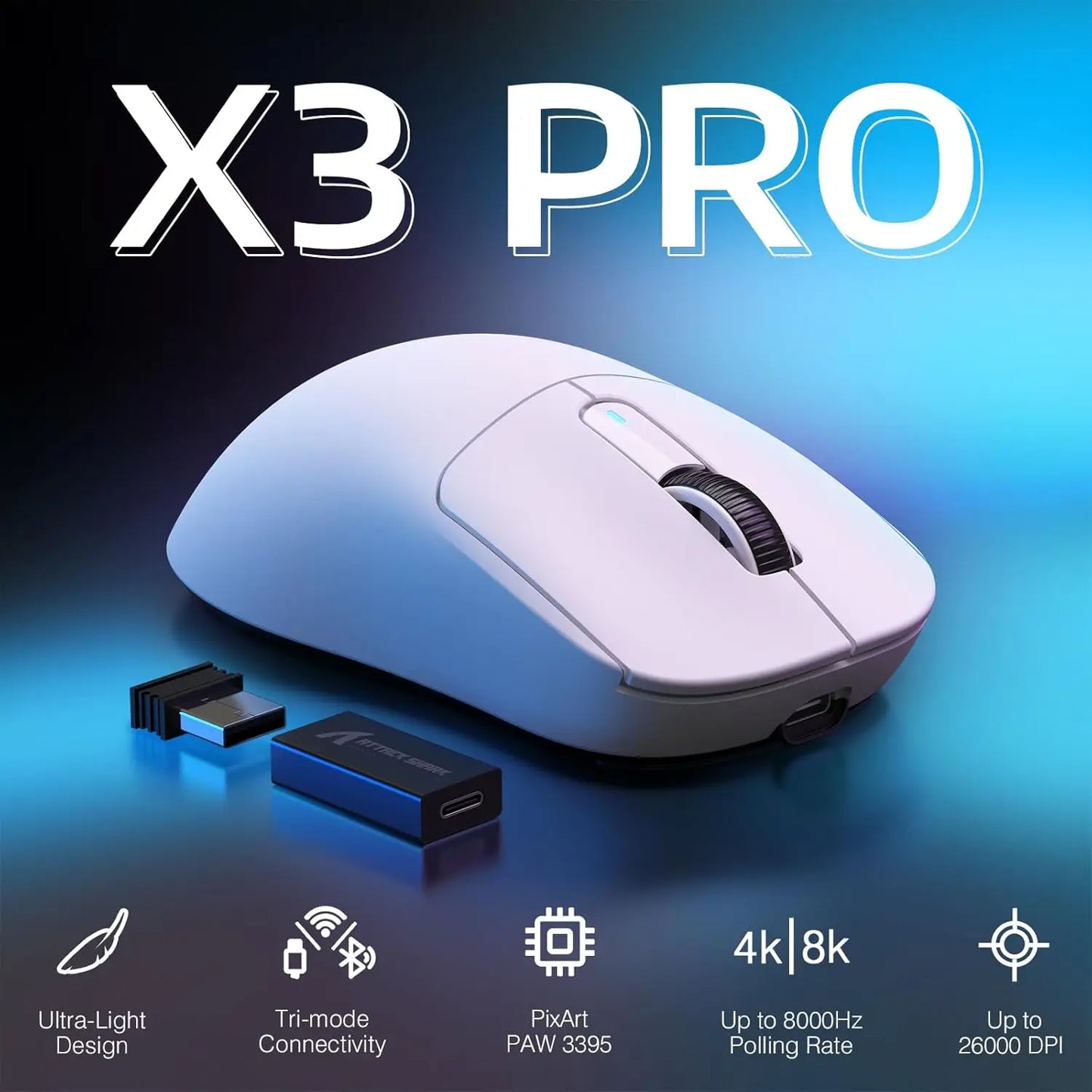 Mysz gamingowa Attack Shark X3Pro Wireless Bluetooth PixArt PAW3395 26000dpi, optyczna mysz z połączeniem Tri-Mode i makrami