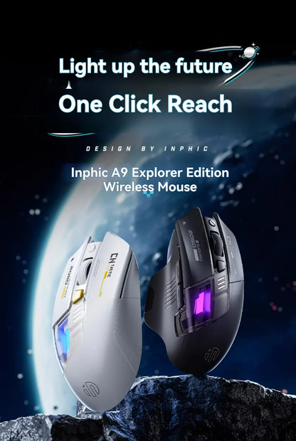 Inphic A9 Pro gamingmus med tre tilstande, farverig lysguide, strømindikator, justerbar DPI, makrodriver, ergonomisk, 12800DPI