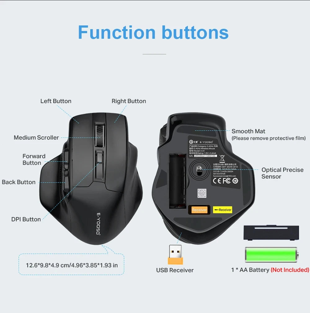 E-YOOSO 2.4G bezdrátová myš PAW3212 4800 DPI ergonomická myš herní myš kancelářská myš pro notebook PC, laptop a MacBook