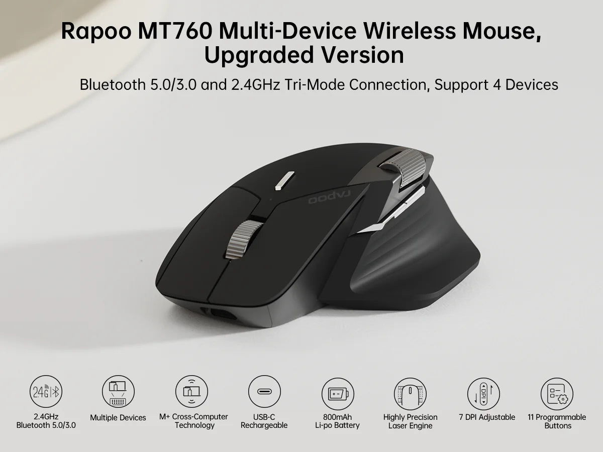 Rapoo MT760L/MT760M daugiarėžimė įkraunama belaidė pelė, ergonomiška, 4000 DPI, palaiko iki 4 įrenginių, Bluetooth pelė