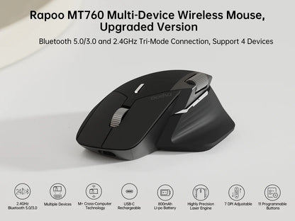 Rapoo MT760L/MT760M daugiarėžimė įkraunama belaidė pelė, ergonomiška, 4000 DPI, palaiko iki 4 įrenginių, Bluetooth pelė