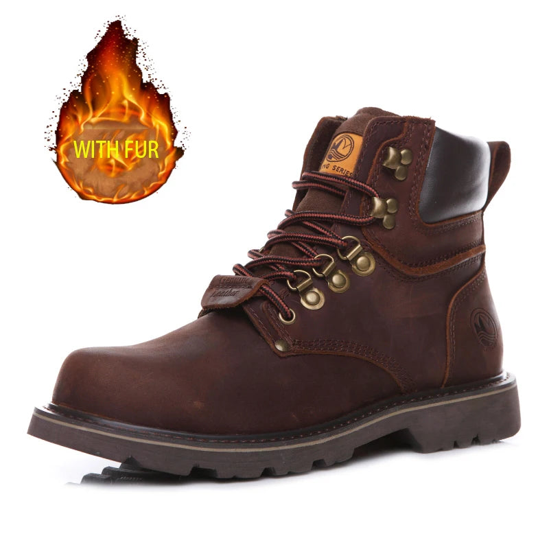 KOWM Cowhide Outdoor Men Hiking Shoes Waterproof Tactical Desert Shoes Hunting Boots Snow Boots Fur Sneakers Women Trekking Shoes