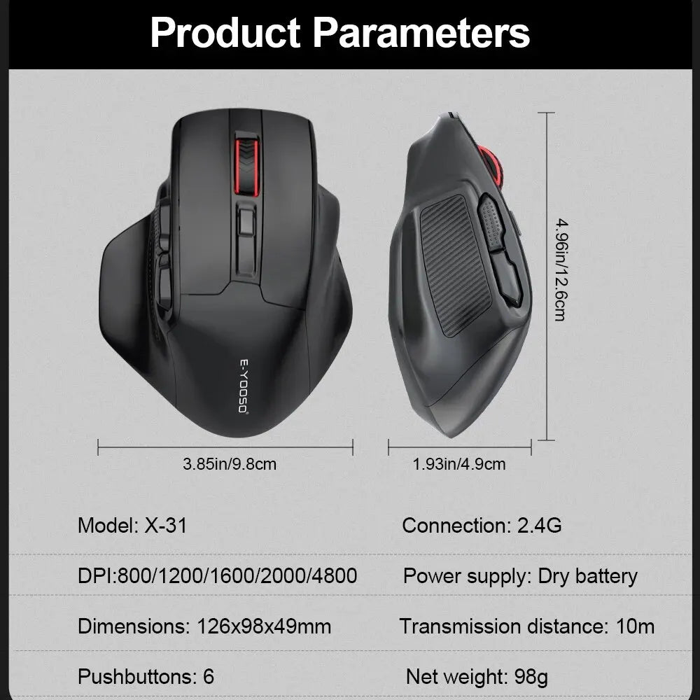 E-YOOSO X-31 USB 2.4G brezžična gaming miška za velike roke PAW3212 4800 DPI 5 gumbov za igralce, računalnik, prenosnik in PC