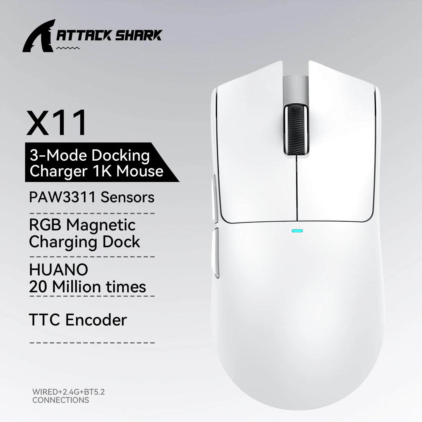 Herní myš ATTACK SHARK X11 a bezdrátová myš X11 SE, 22000 DPI, snímač PAW3311, BT/2.4G/kabelové připojení, lehká 59g konstrukce, 2000W kliknutí