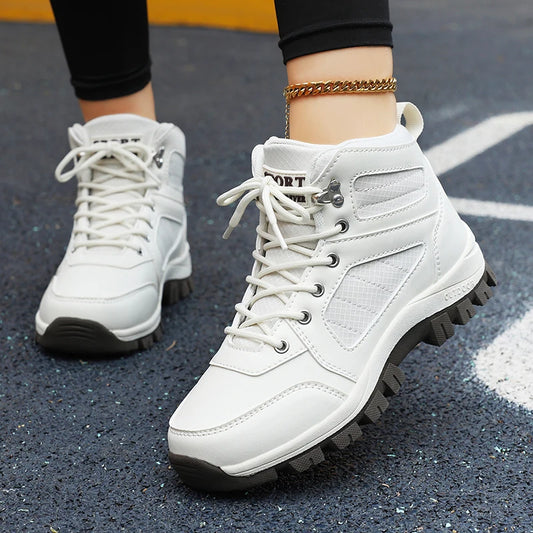 Women’s Sports Shoes White Casual Non-Slip Running Shoes Outdoor Hiking Climbing Waterproof Breathable Lace-Up Platform Sneakers