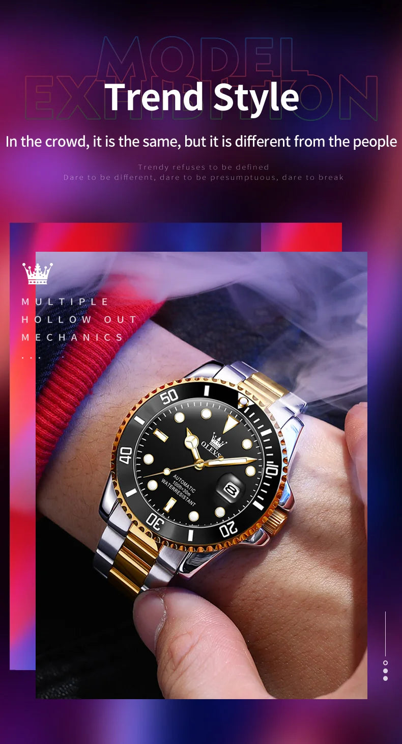 OLEVS Watches Man Fashion Luxury Automatic Mechanical Watch Waterproof Luminous Date Men's Watch Waterproof Luminous Box Gift