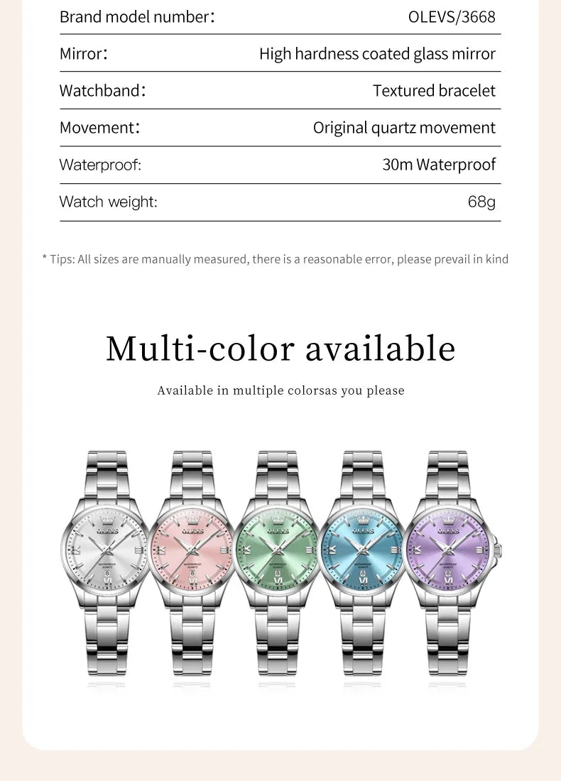 OLEVS 3668 Women Watch Luxury Original Waterproof Stainless Steel Quartz Watch Roman Automatic Date Women Watch Reloj Para Mujer