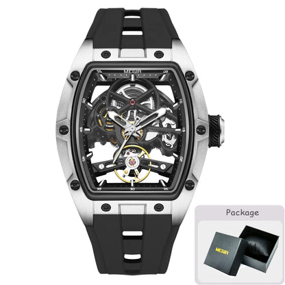 MEGIR mechanisch herenhorloge, tonvormig, opengewerkte skeletwijzerplaat, sportieve stijl, siliconen band, luxe automatisch horloge