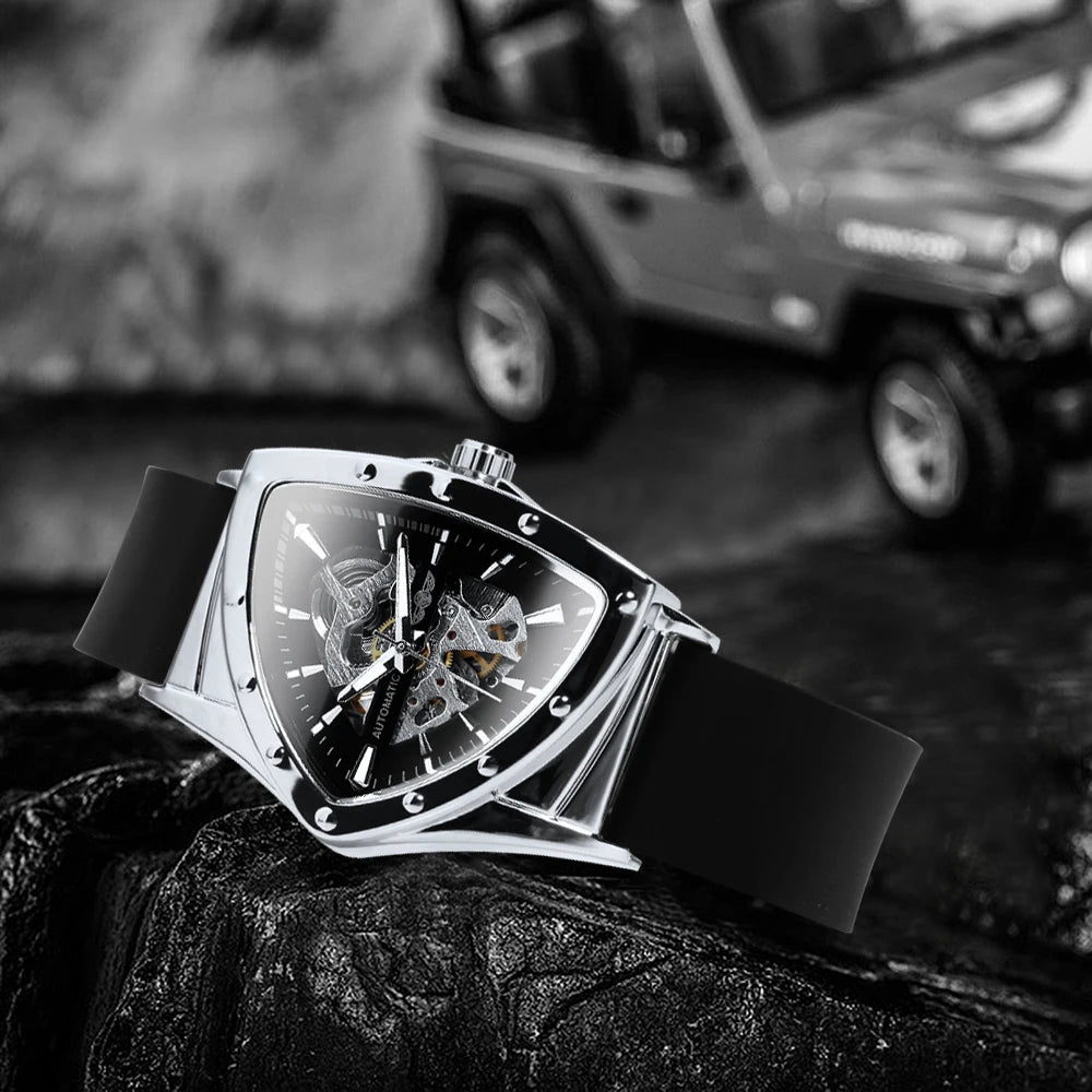 Relógio automático para homem WINNER, design esqueleto triangular, ponteiros luminescentes, bracelete em borracha, estilo militar, relógio mecânico de luxo