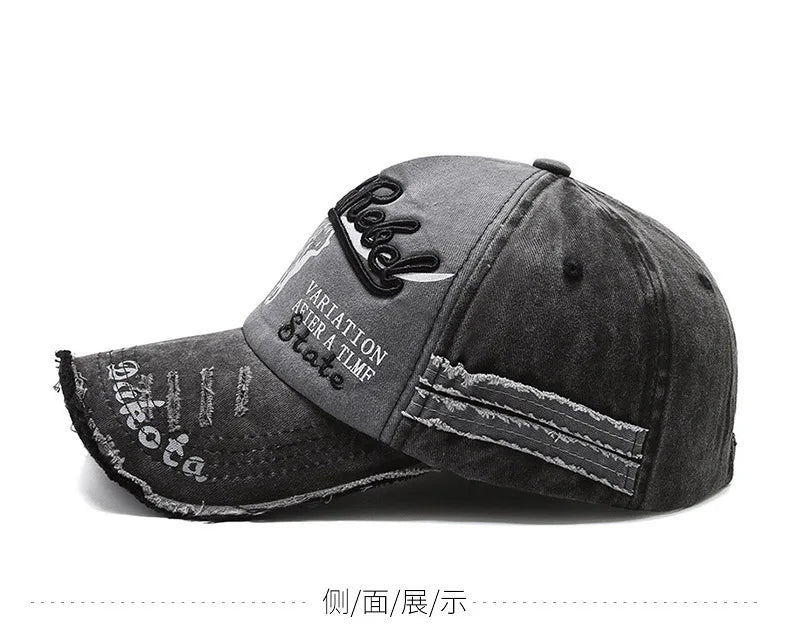 Vintage Embroidery Letter Bull Washed Baseball Cap, Retro Sun Hat for Men Women, Casual Hip Hop Peak Cap
