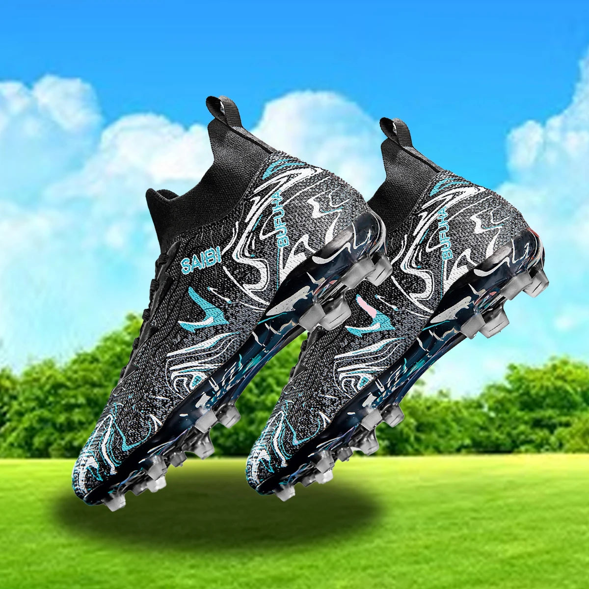 Chaussures de football, sneakers, chaussures de soccer, au-dessus de la cheville mais pas jusqu'au genou, semelle antidérapante à crampons.