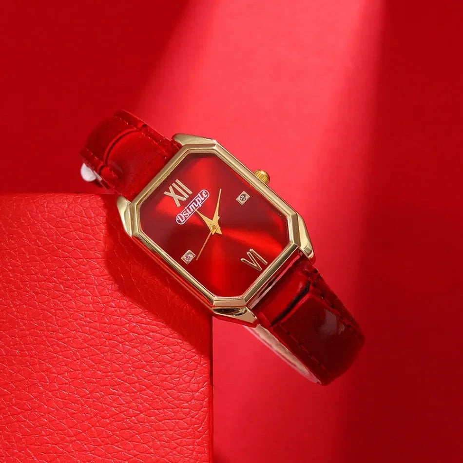 Luxury Women's Watches Elegant Womens Quartz Watch Analog Red PU Leather Designer Square Dial Wrist Watch Ideal Choice for Gifts