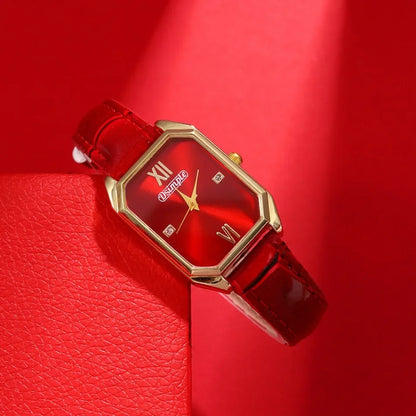 Luxury Women's Watches Elegant Womens Quartz Watch Analog Red PU Leather Designer Square Dial Wrist Watch Ideal Choice for Gifts