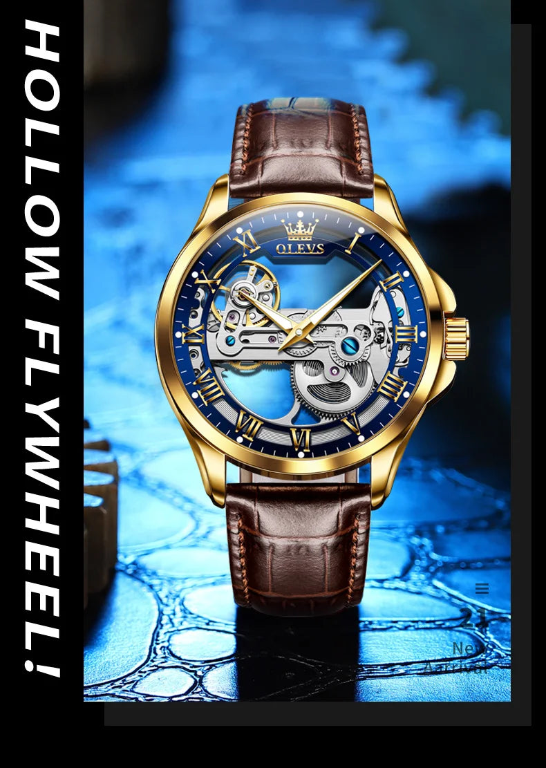OLEVS Skeleton Automatic Mechanical Watch Men Leather Strap Luminous Waterproof Luxury Business Wristwatch For Man 6661