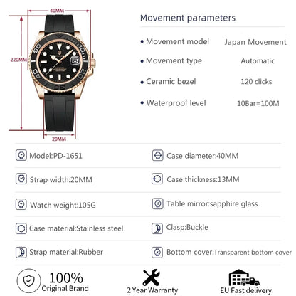 PAGANI DESIGN Automatic Watch Rose Gold Diver Watch 100M Waterproof Luxury Sport Wristwatch Black Rubber Strap Relogio Masculino