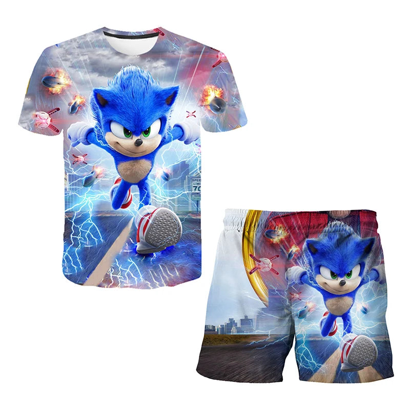 2026 Sonic The Hedgehog 3D T-shirt Set for Boys and Girls: Cute Summer Top + Shorts - Children's Short-Sleeve Birthday Gift