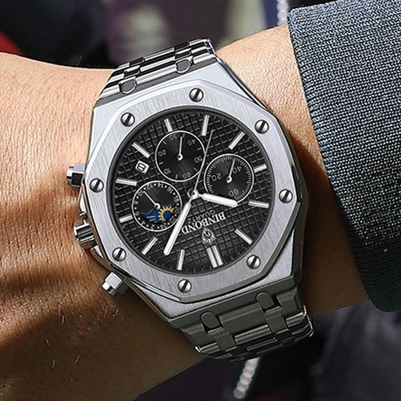 BINBOND 0161 Brand Man Quartz Watch Luxury Luminous Chronograph Wristwatch Stainless Steel Waterproof Men Date Calendar Clock