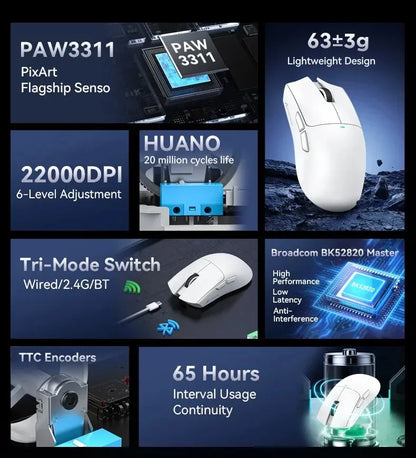 ATTACK SHARK X11SE ултралека безжична гейминг мишка, живот 20 милиона клика, PAW3311 Gaming, 22KDPI, 400IPS, 40G, 1KHz, 65 часа, 30mAH