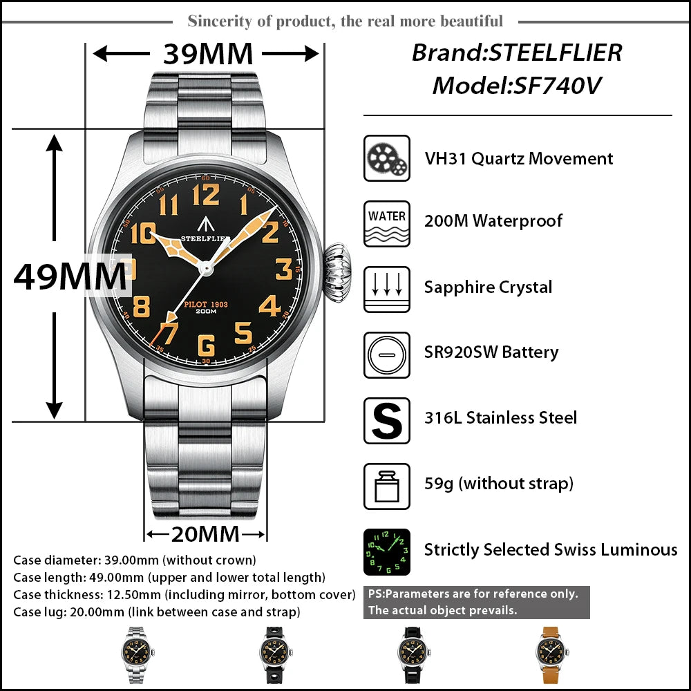 STEELFLIER Official SF740V New Quartz Pilot Series Swiss C3 Luminous 200M Waterproof VH31 Movement Men's Fashion Business Watch