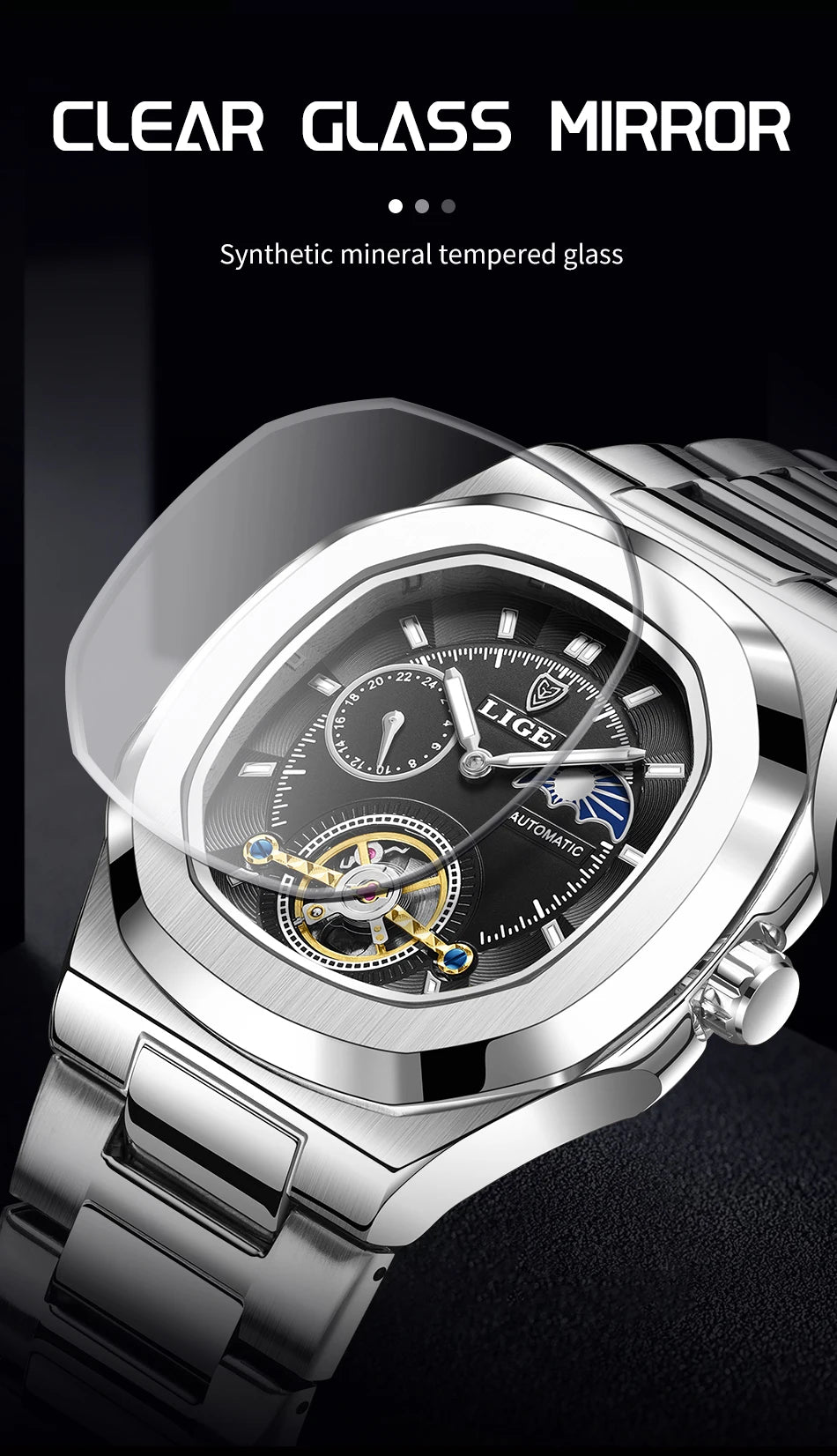 LIGE Watch For Man Luxury Business Waterproof Luminous Mechanical Watches Fashion Moon Phase Automatic Movement Men's Watches