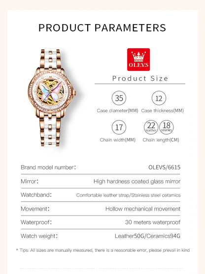 OLEVS 6615 Top Original Automatic Mechanical Wrist Watch for Women Luxury Elegant Diamond Hollow Colorful Butterfly Ladies Watch