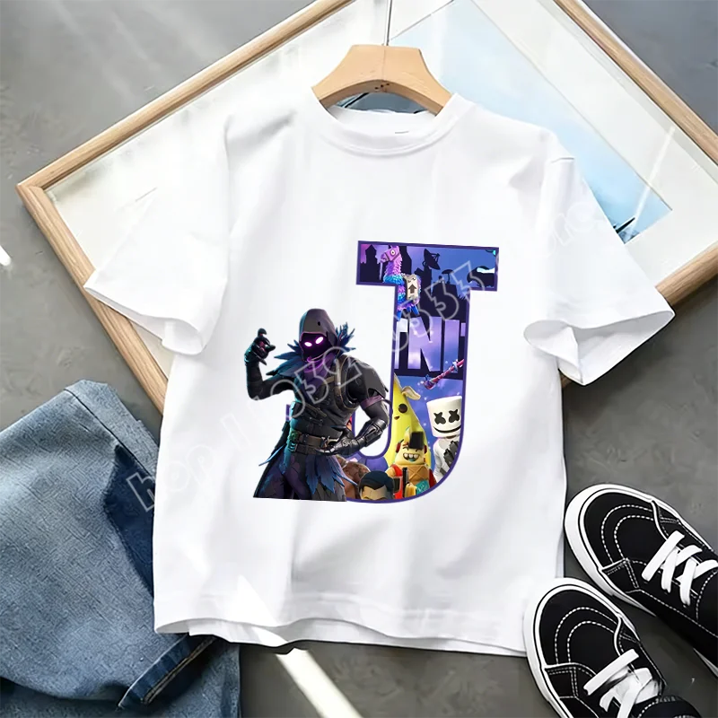 Tricou Fortnite cu imprimeu alfabet A-Z, de vară, pentru copii, alb, îmbrăcăminte cu joc cartoon popular, tricou fashion casual cu mânecă scurtă, cadou