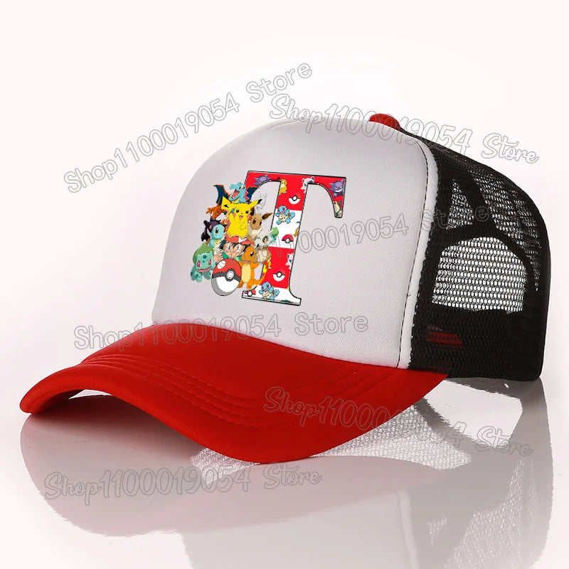 Pokemon Letter A-Z Unisex Baseball Cap Cartoon Anime Pikachu Sun Protection Mesh Sunhat Men Women Summer Outdoor Travel Peak Cap