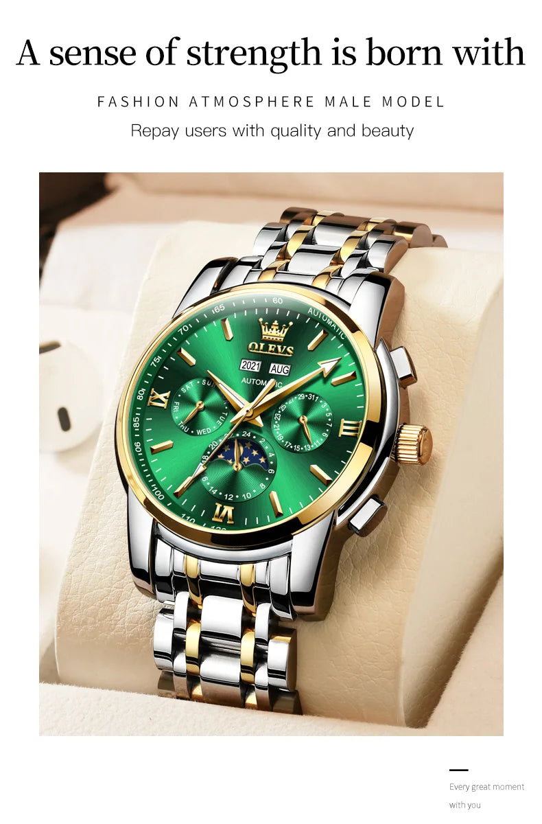 OLEVS 6633 Luxury Men's Watches Automatic Green Watch Men Stainless Steel Waterproof Business Sport Mechanical Wristwatch 6633