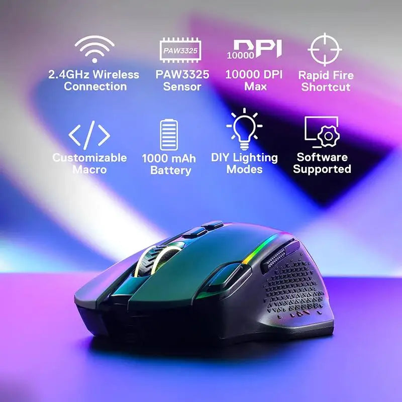 Redragon M810 Pro Ασύρματο Gaming Ποντίκι, 10000 DPI Ενσύρματο Ποντίκι Gamer με Πλήκτρο Rapid Fire, 8 Κουμπιά Macro, Μαύρο/Λευκό Ποντίκι