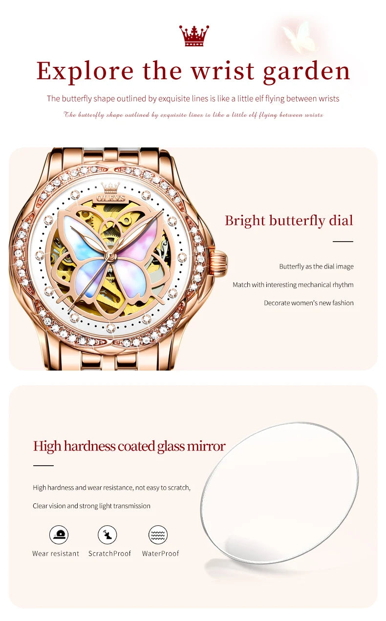 OLEVS 6615 Top Original Automatic Mechanical Wrist Watch for Women Luxury Elegant Diamond Hollow Colorful Butterfly Ladies Watch